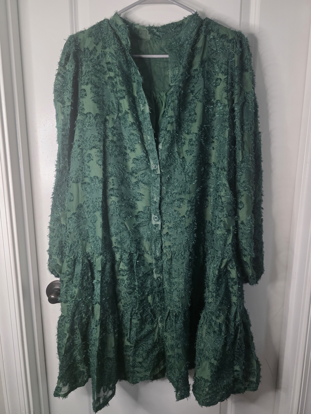 Textured Emerald Green Long-Sleeve Button-Front Dress